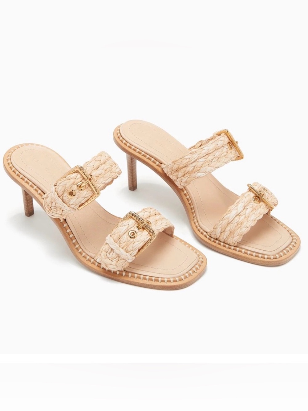 Ulla Johnson Braided Raffia Double-Buckle Mules in Natural